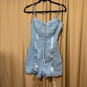 Hot & Delicious, S, Women’s, Distressed Light Blue Jean Romper
